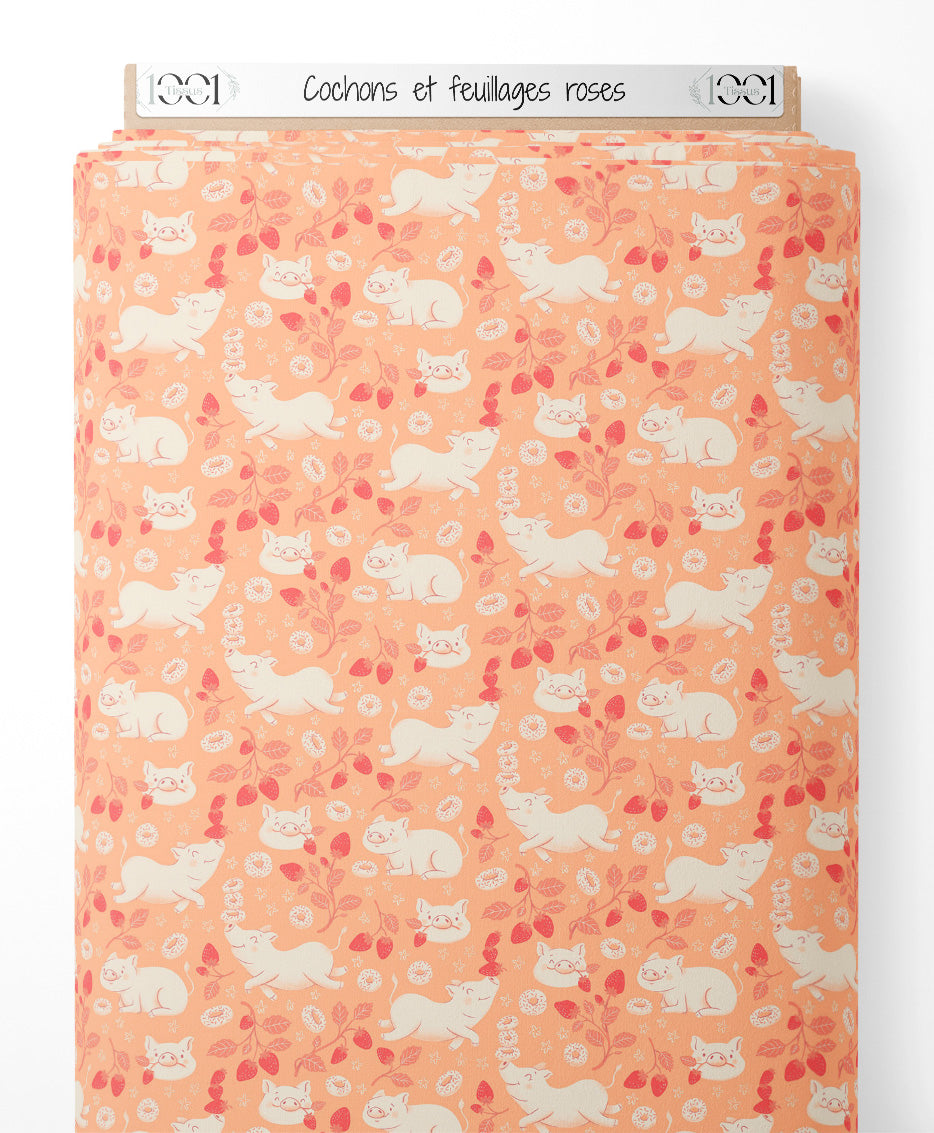 Tissu - Cochons et feuillages roses