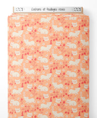 Tissu - Cochons et feuillages roses