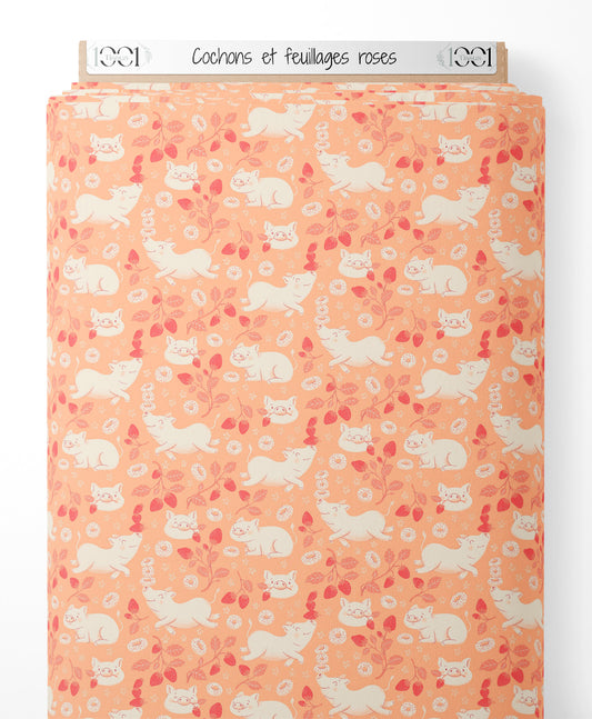 Tissu - Cochons et feuillages roses