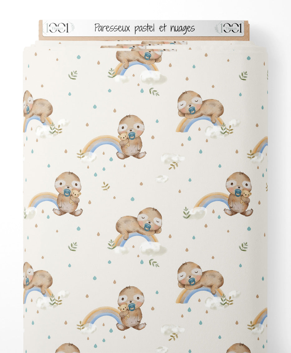 Tissu - Paresseux pastel et nuages