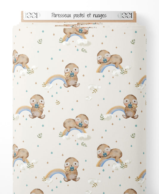 Tissu - Paresseux pastel et nuages