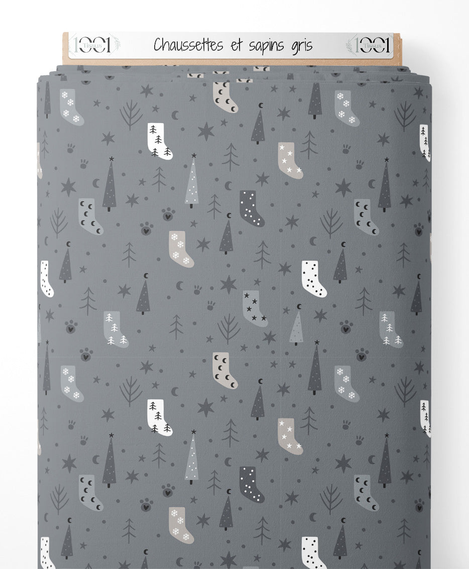Tissu - Chaussettes et sapins gris