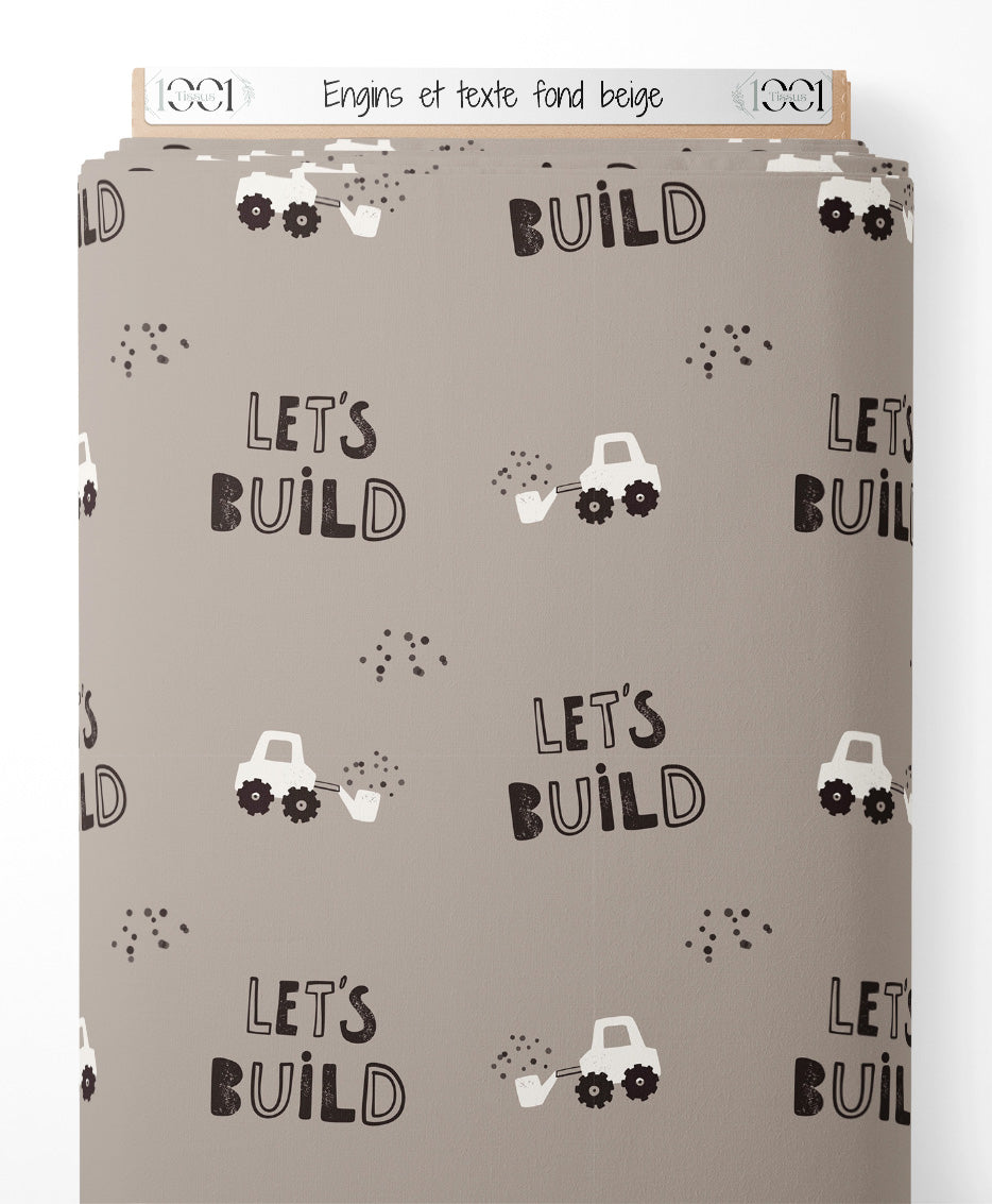Tissu - Engins et texte sur fond beige