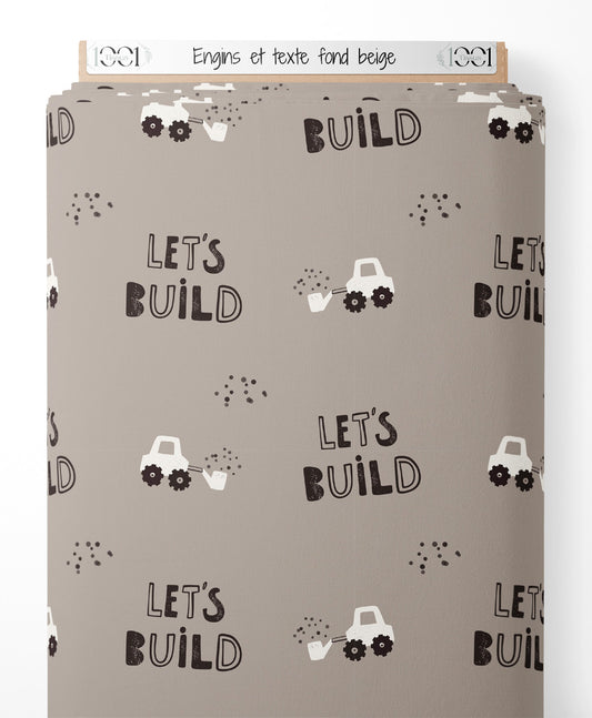 Tissu - Engins et texte sur fond beige