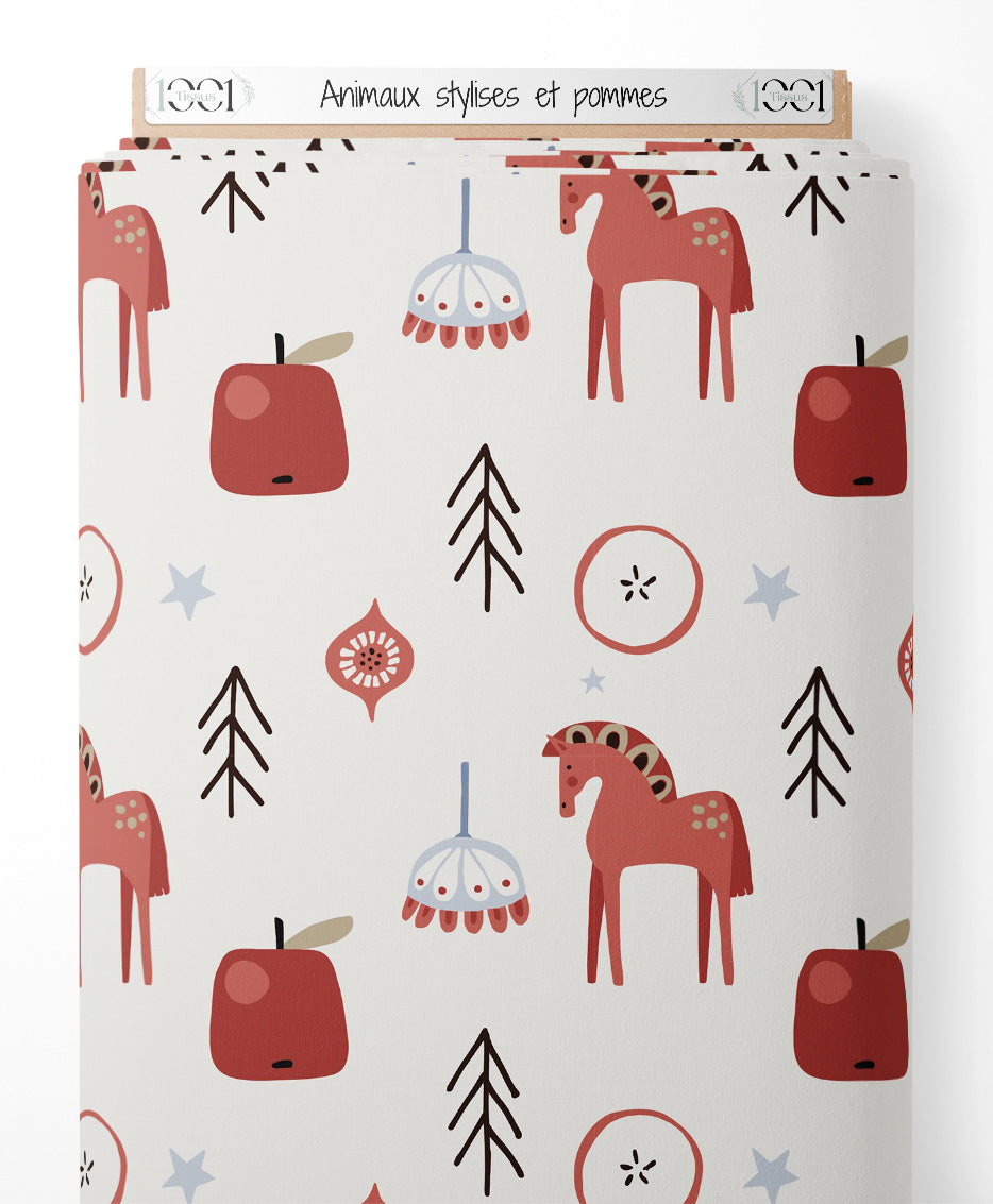 Tissu - Animaux stylisés et pommes