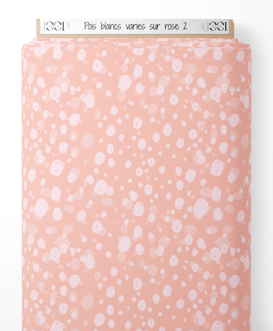 Tissu - Pois blancs variés sur rose 2