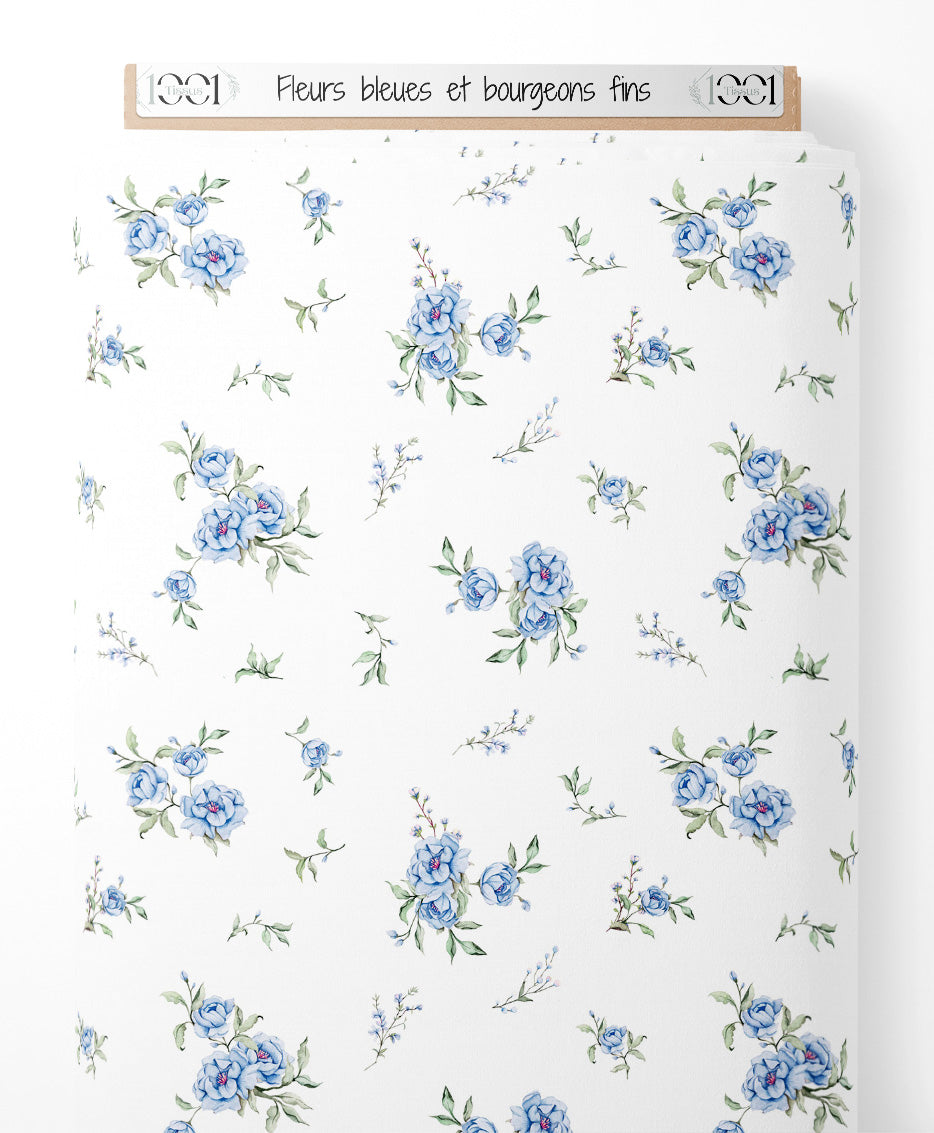 Tissu - Fleurs bleues et bourgeons fins