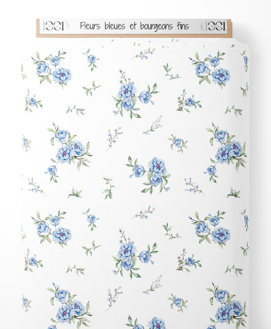 Tissu - Fleurs bleues et bourgeons fins