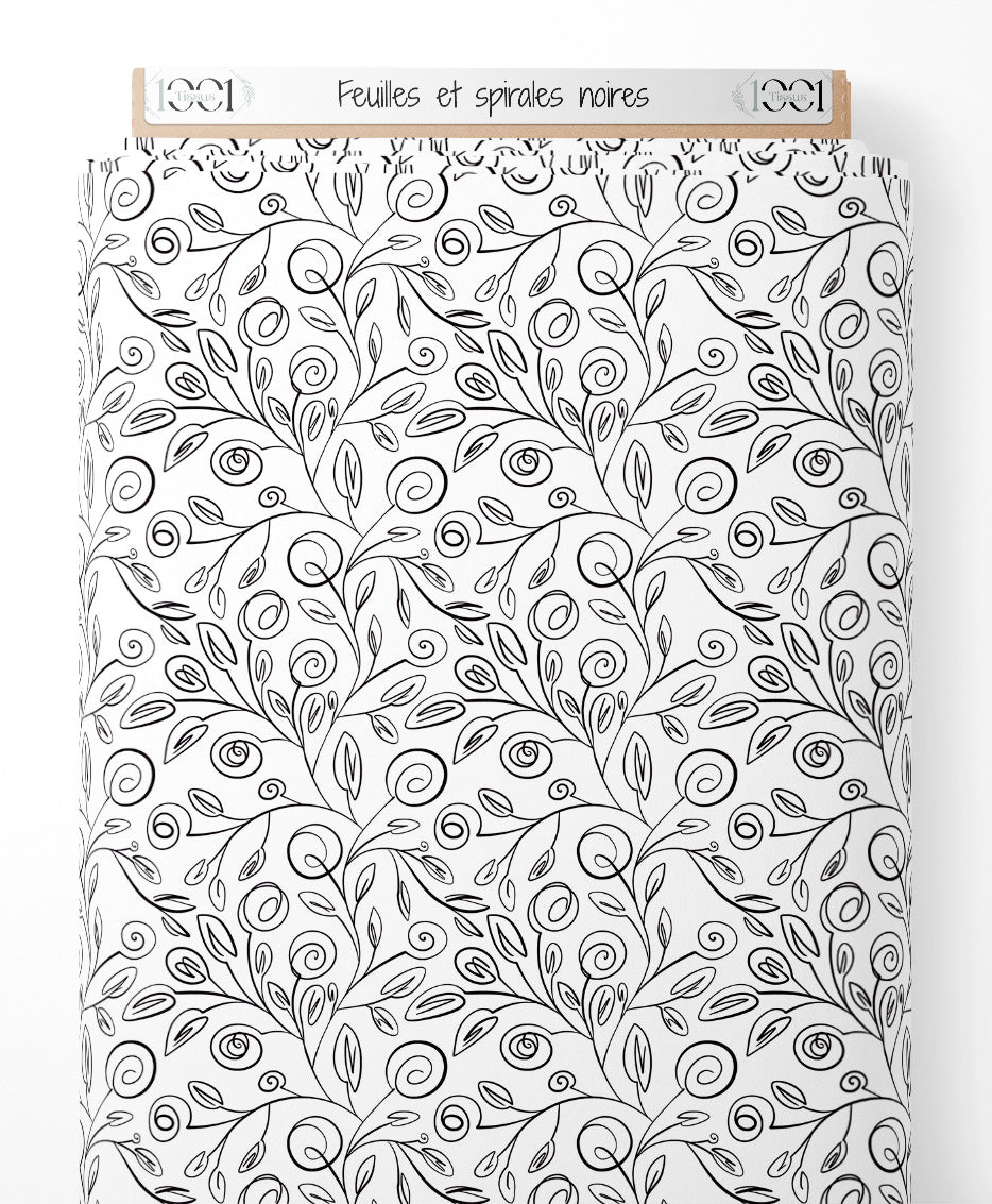 Tissu - Feuilles et spirales noires