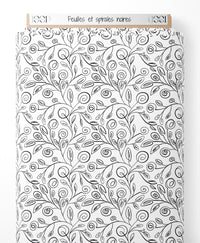 Tissu - Feuilles et spirales noires