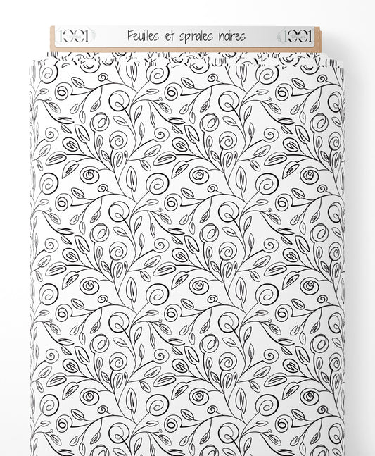 Tissu - Feuilles et spirales noires