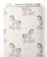 Tissu - Chevaux gris et fleurs roses