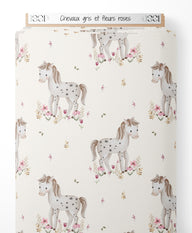 Tissu - Chevaux gris et fleurs roses