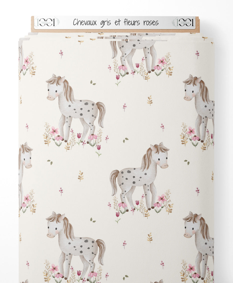 Tissu - Chevaux gris et fleurs roses