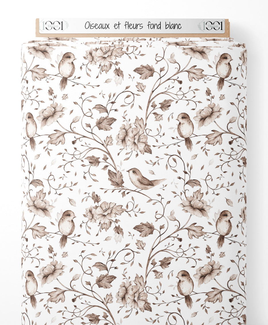 Tissu - Oiseaux et fleurs sur fond blanc
