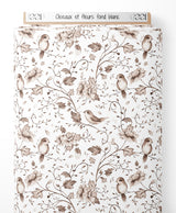Tissu - Oiseaux et fleurs sur fond blanc