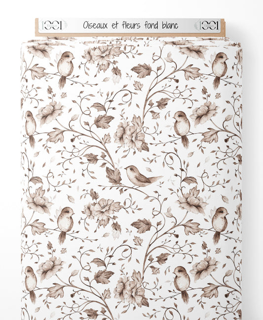 Tissu - Oiseaux et fleurs sur fond blanc