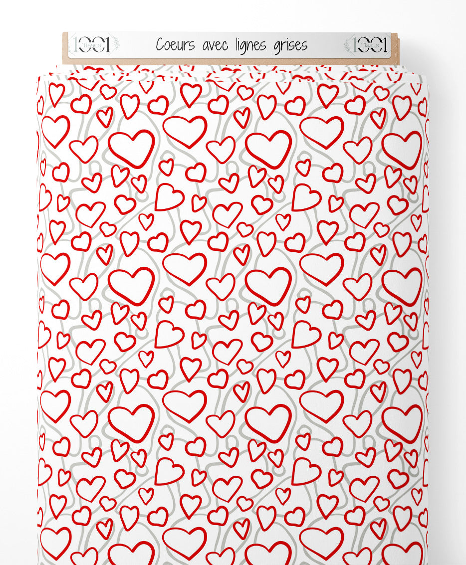 Tissu - Cœurs avec lignes grises