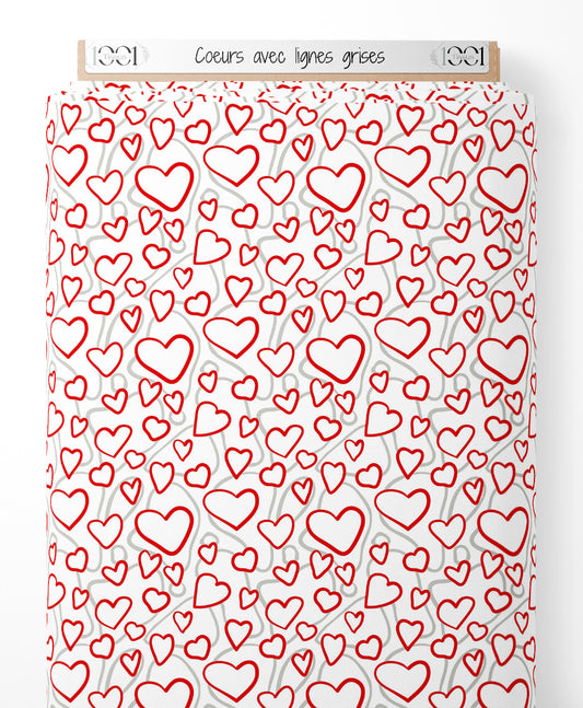 Tissu - Cœurs avec lignes grises