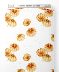 Tissu - Citrouilles aquarelle sur blanc