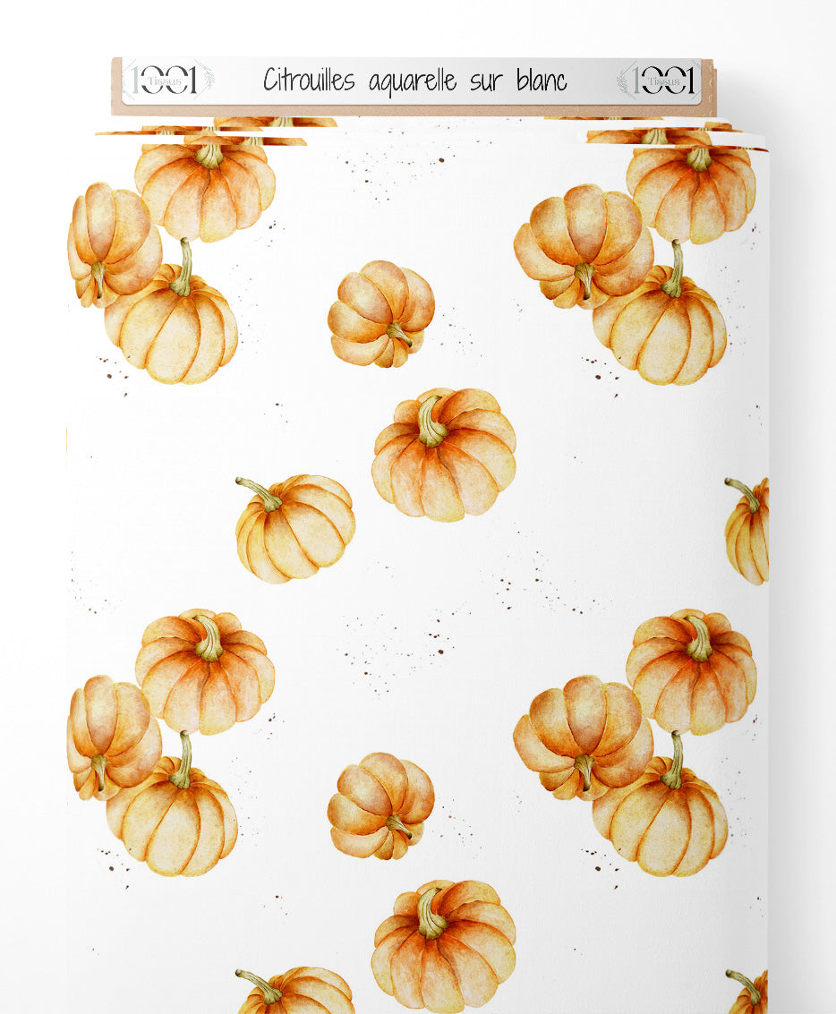 Tissu - Citrouilles aquarelle sur blanc