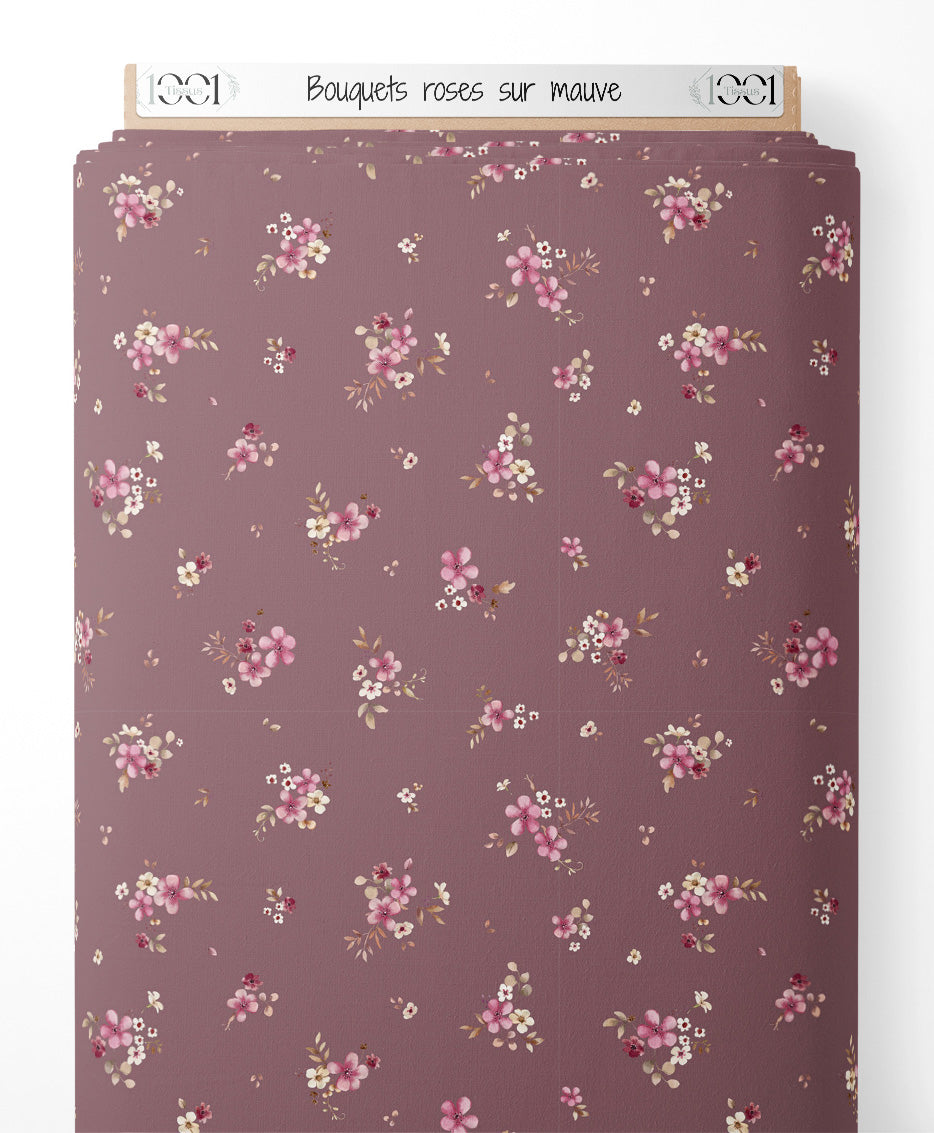 Tissu - Bouquets roses sur mauve