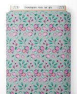Tissu - Champignons roses sur gris