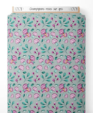 Tissu - Champignons roses sur gris