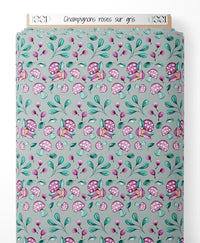 Tissu - Champignons roses sur gris