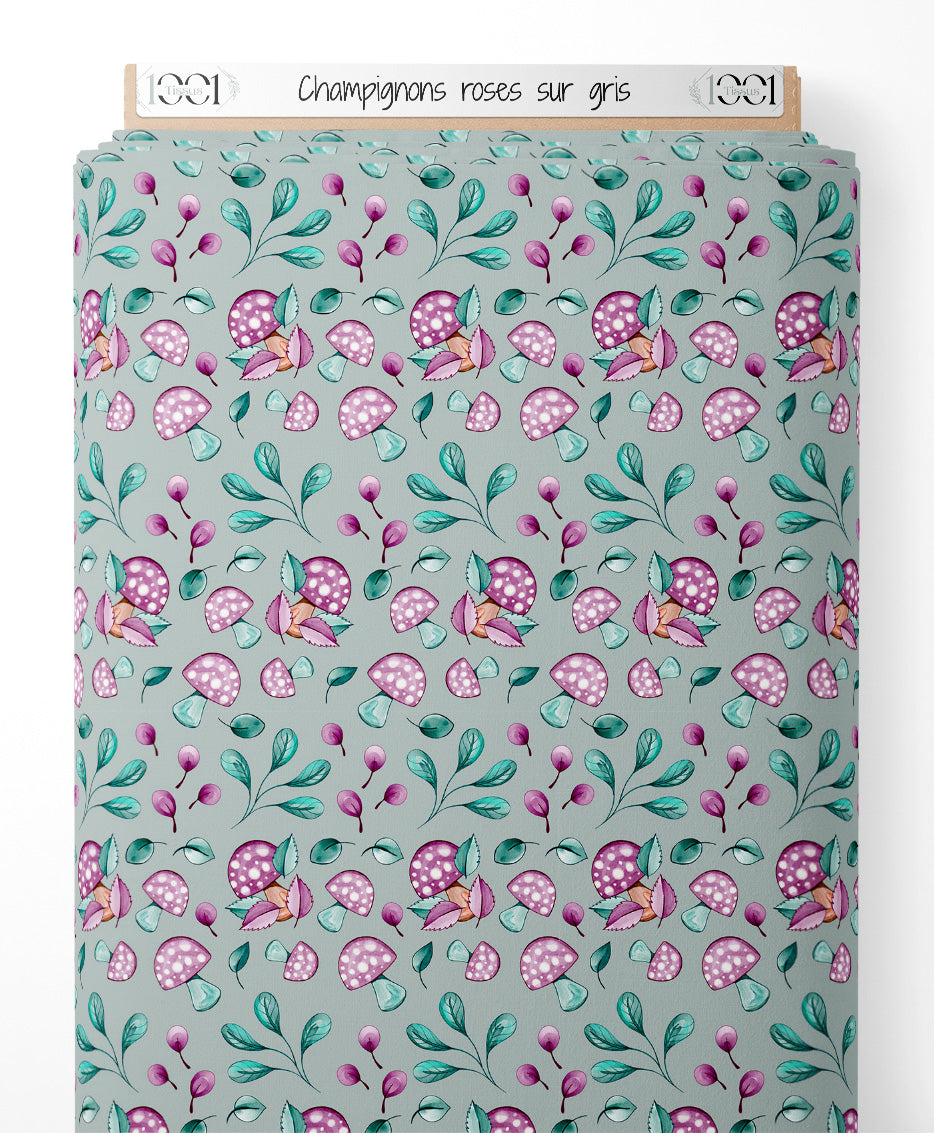 Tissu - Champignons roses sur gris