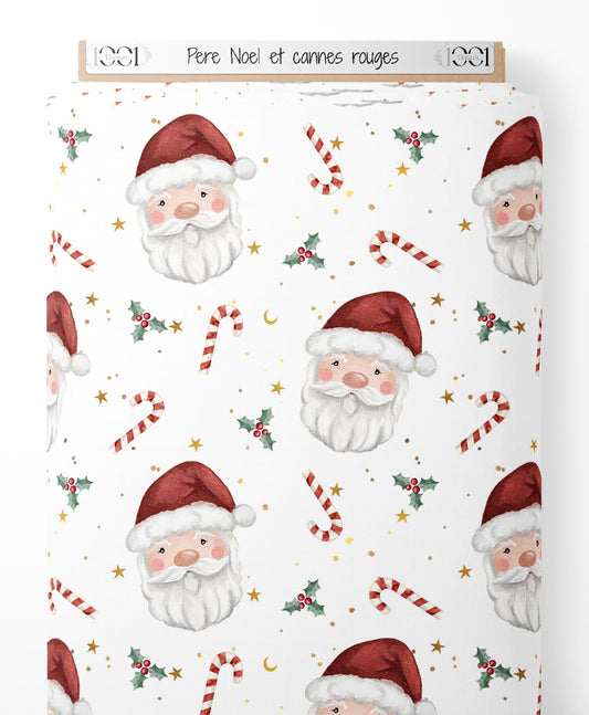 Tissu - Père Noël et cannes rouges