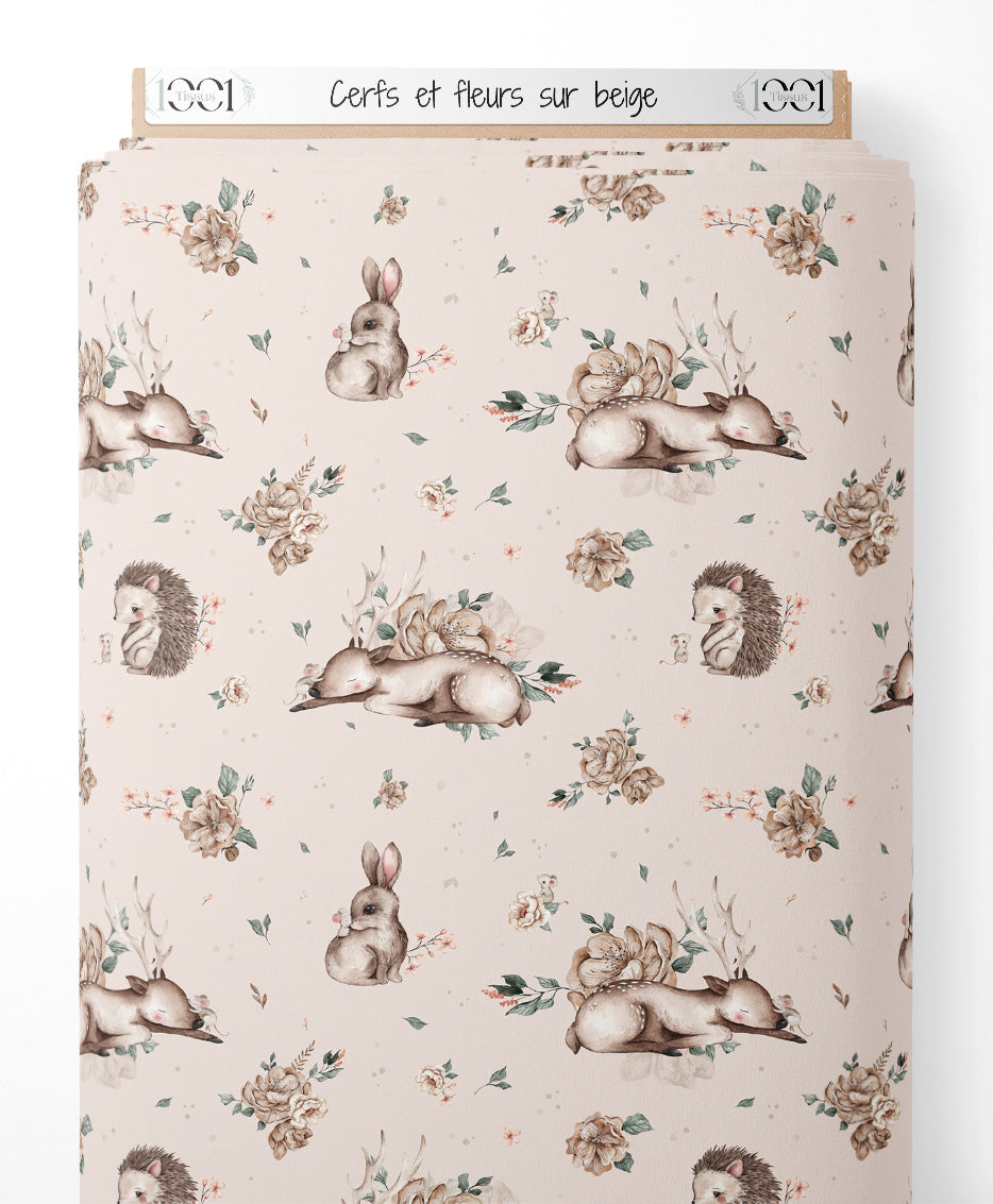 Tissu - Cerfs et fleurs sur beige