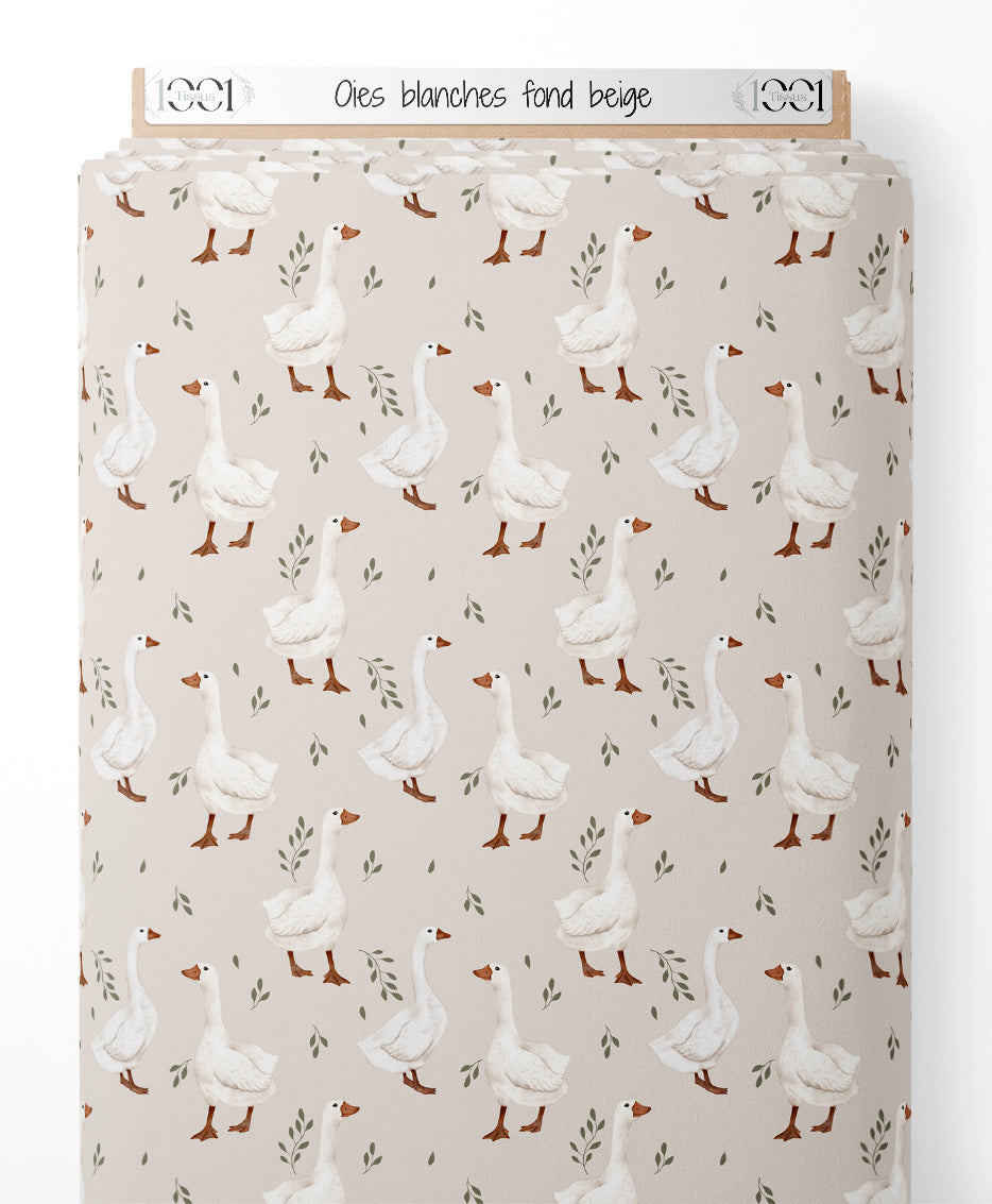 Tissu - Oies blanches sur fond beige