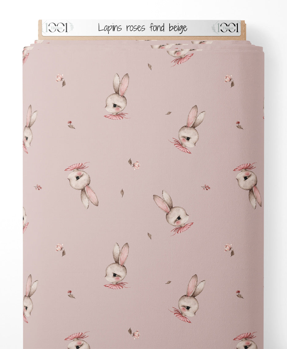 Tissu - Lapins roses sur fond beige