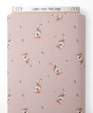 Tissu - Lapins roses sur fond beige