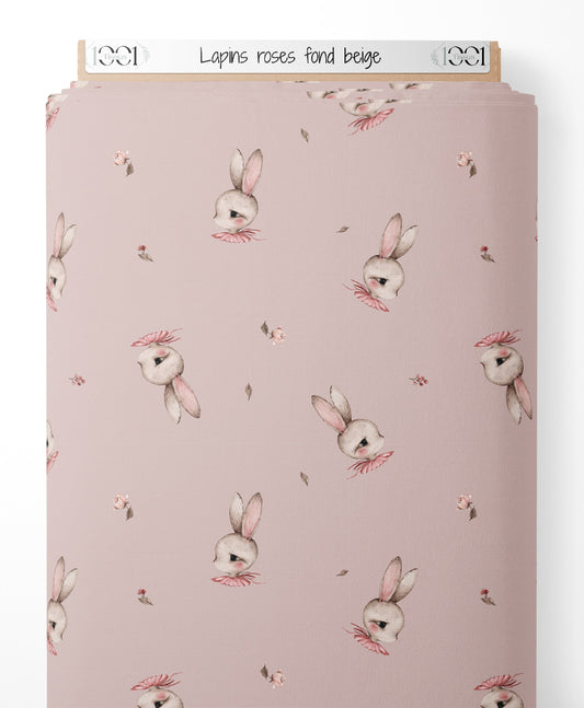 Tissu - Lapins roses sur fond beige
