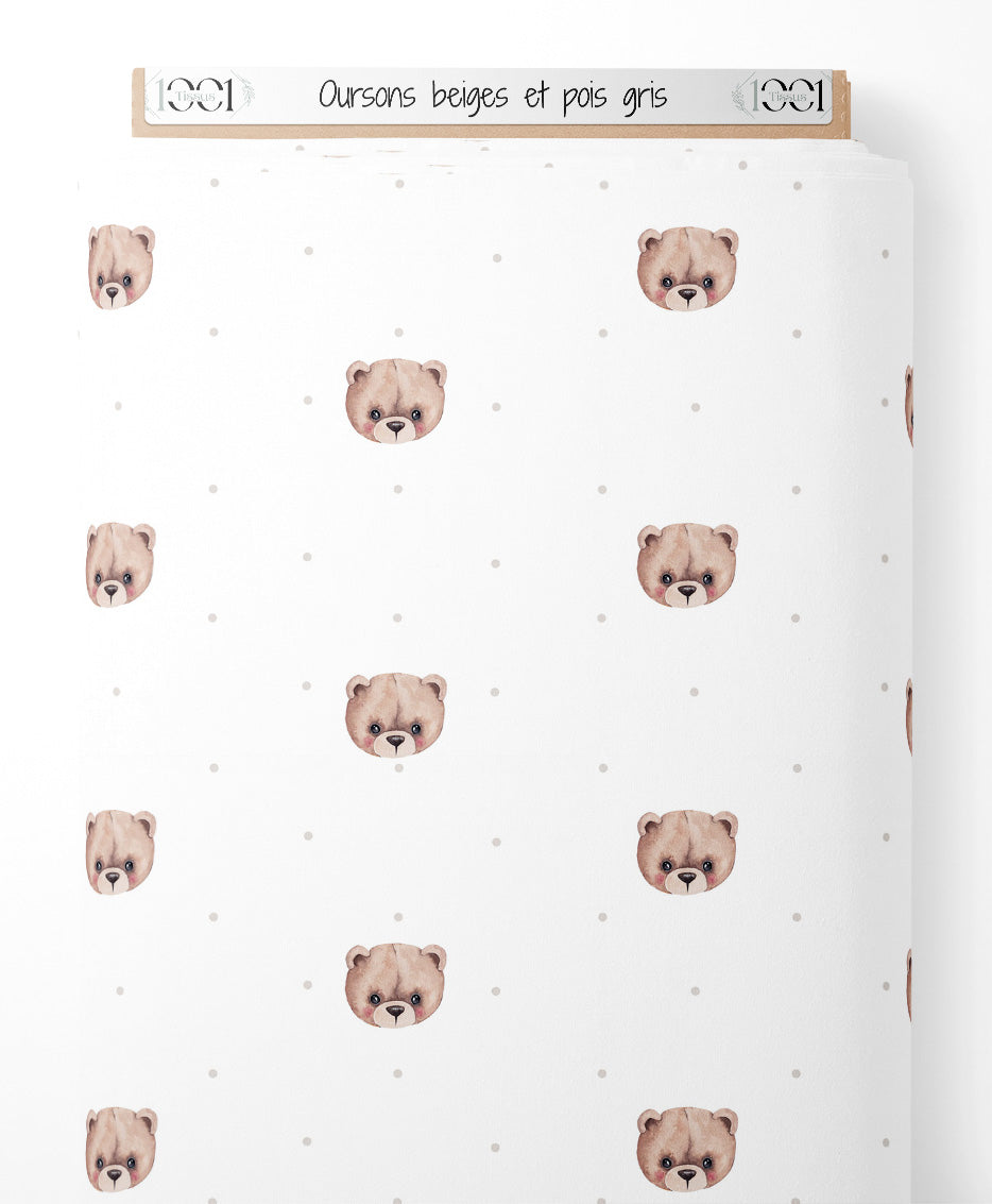 Tissu - Oursons beiges et pois gris