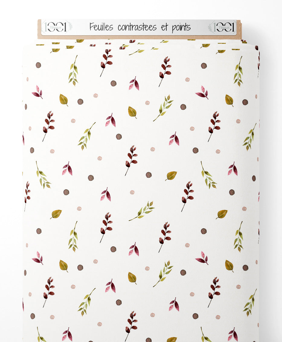 Tissu - Feuilles contrastées et points