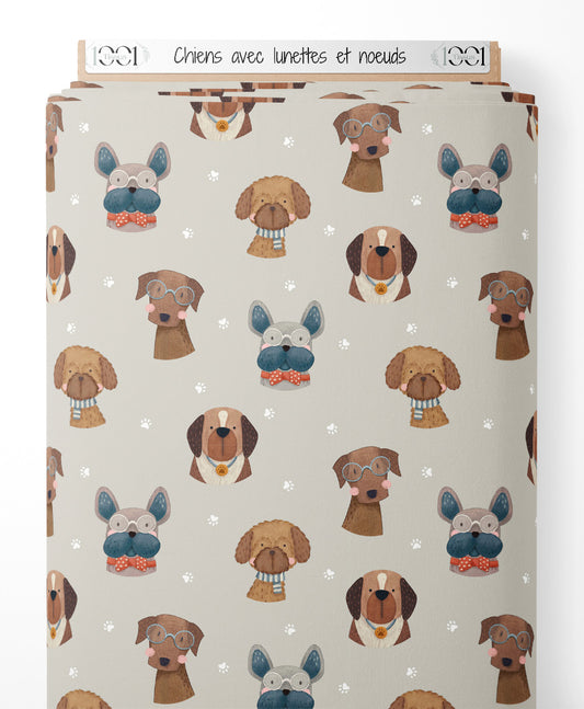 Tissu - Chiens avec lunettes et nœuds