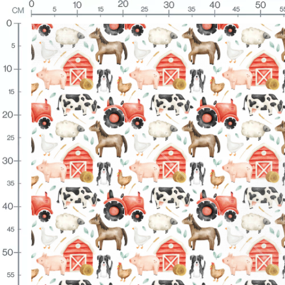 Tissu - Animaux colorés et grange rouge