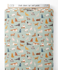Tissu - Chats divers sur vert pastel