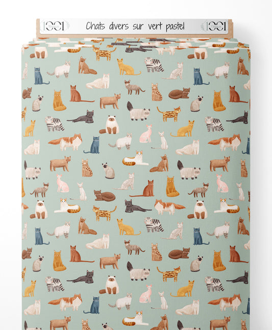 Tissu - Chats divers sur vert pastel