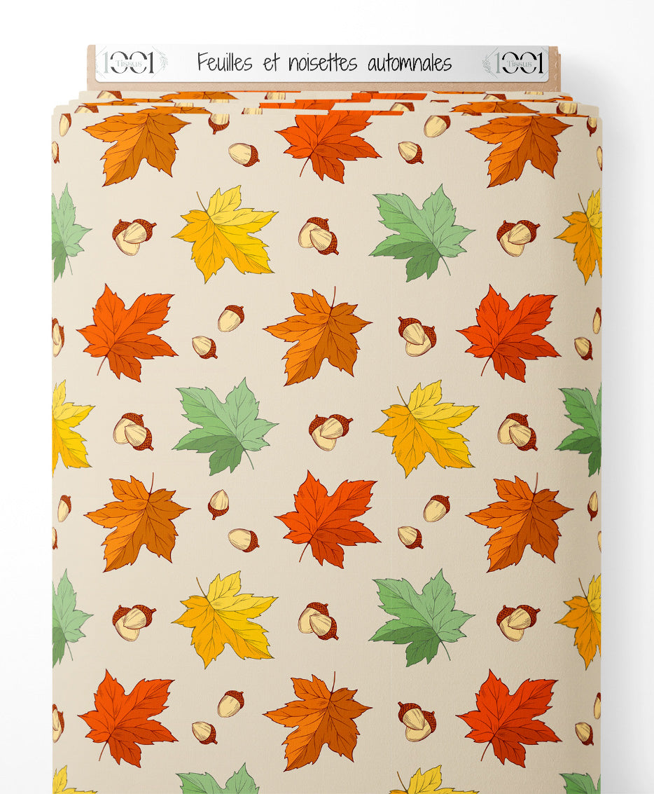 Tissu - Feuilles et noisettes automnales