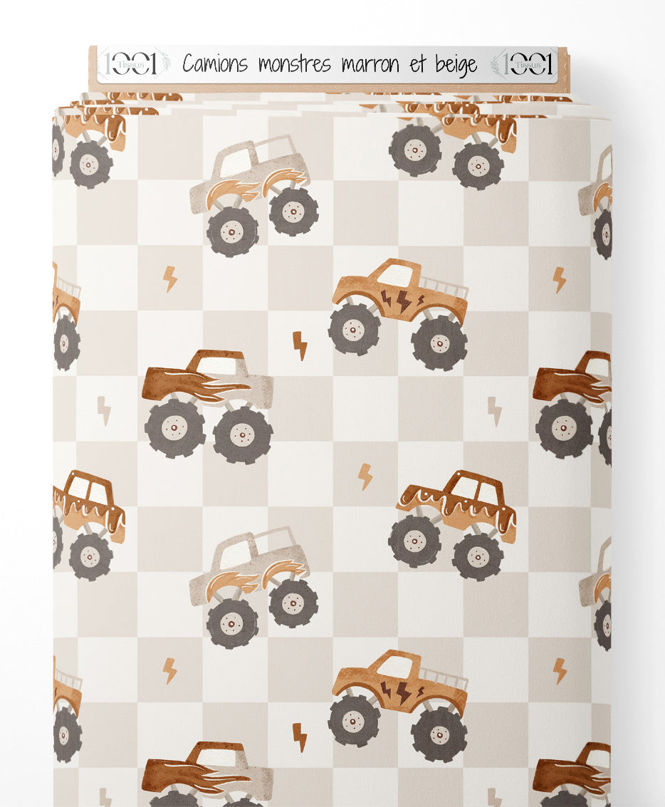 Tissu - Camions monstres marron et beige