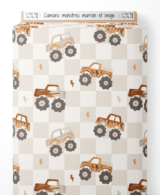 Tissu - Camions monstres marron et beige