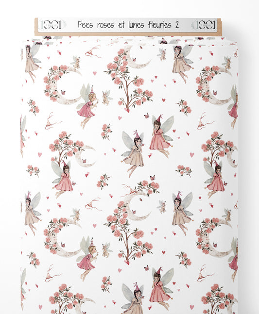 Tissu - Fées roses et lunes fleuries 2