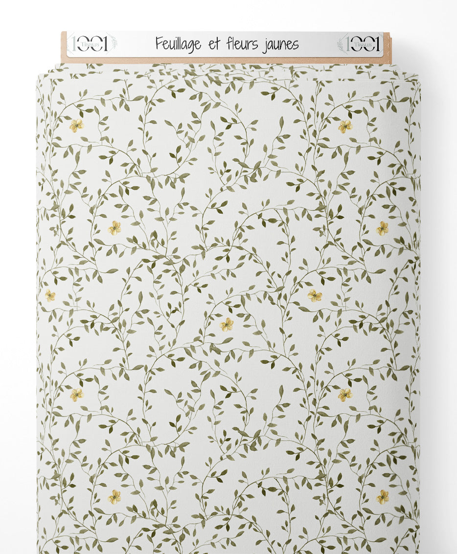 Tissu - Feuillage et fleurs jaunes