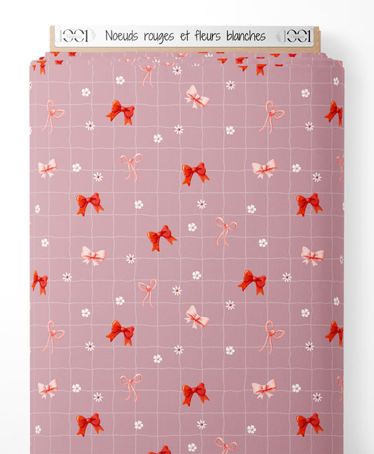 Tissu - Nœuds rouges et fleurs blanches