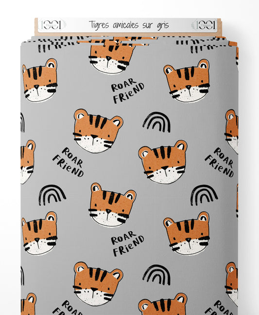 Tissu - Tigres amicales sur gris