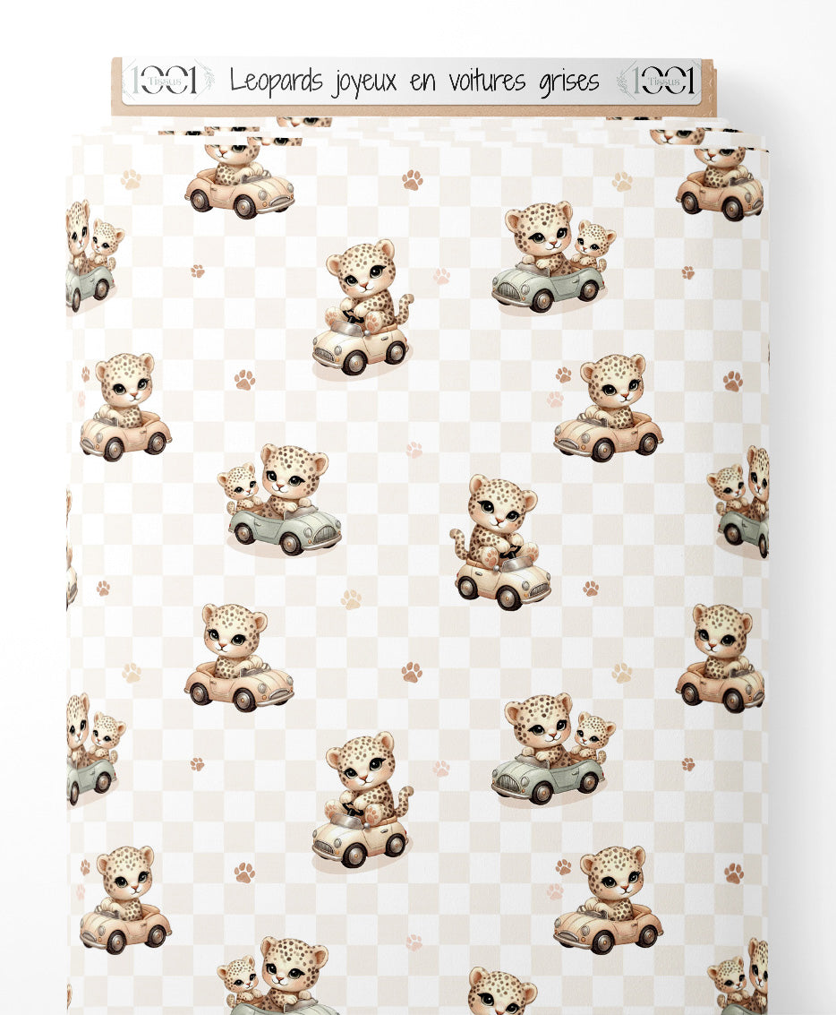 Tissu - Léopards joyeux en voitures grises